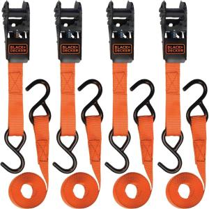 BLACK+DECKER BD1005 Black/Orange 1″ x 10′ Ratchet Tie Down Straps – 300 lb Safe Working Load / 900 lb Break Strength, 4 Pack(Ratchet Tie Down Straps)