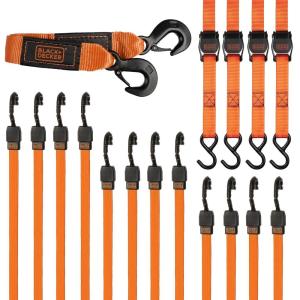 BLACK+DECKER BDX1016 17-Piece Tie Down Kit with 2″ x 20′ Tow Strap, 1″ x 10′ Deluxe Cam-Buckle Straps, and 24″, 36″, 48″ Premium Flat Strap Bungees(BDX1016)