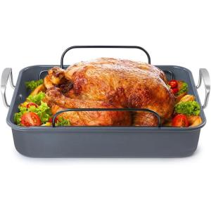 BLACK+DECKER Large Turkey Roasting Pan with Rack, 0.8mm Carbon Steel Baking Pan with Ceramic Non-Stick Coating, Cooking Pan for up to 24 lb. Turkey, U-Shaped Rack Included, Stainless Steel Handles
