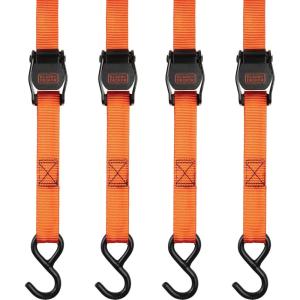 Black+Decker BDX1004 Black/Orange 1″ x 10′ Cam-Buckle Tie Down Straps – 300 lb Safe Working Load / 900 lb Break Strength, 4 Pack(1″ X 10′)