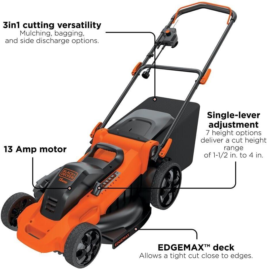 imageBLACKDECKER 20Inch Corded Electric Lawn Mower Ultra Light Push Mower 13Amp High Output Motor 3 in 1 Cutting Versatility Tool Free Height Adjustment 7setting Cutting Height MM2000