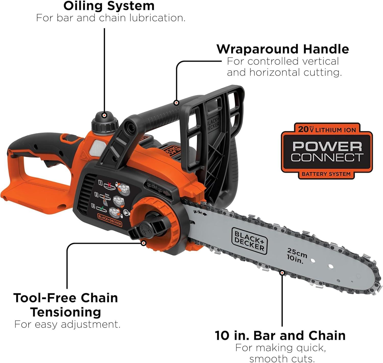 imageBLACKDECKER 20V MAX Chain Saw Cordless Chainsaw 10Inch Battery Chainsaw Tool Only for Wood Cutting and Tree Pruning Includes Guide Bar Scabbard LCS1020B20V Chainsaw Kit