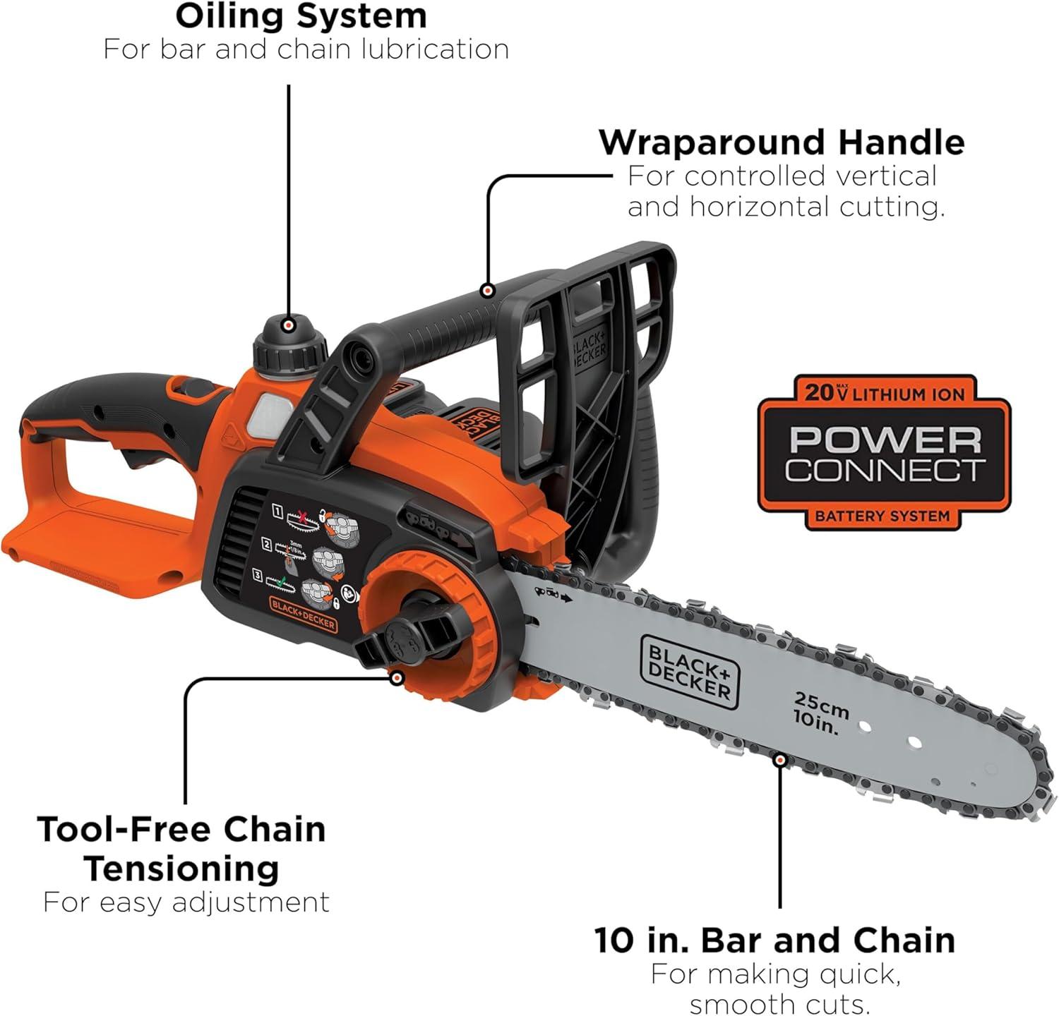 imageBLACKDECKER 20V MAX Chain Saw Cordless Chainsaw 10Inch Battery Chainsaw Tool Only for Wood Cutting and Tree Pruning Includes Guide Bar Scabbard LCS1020B20V Chainsaw Tool Only
