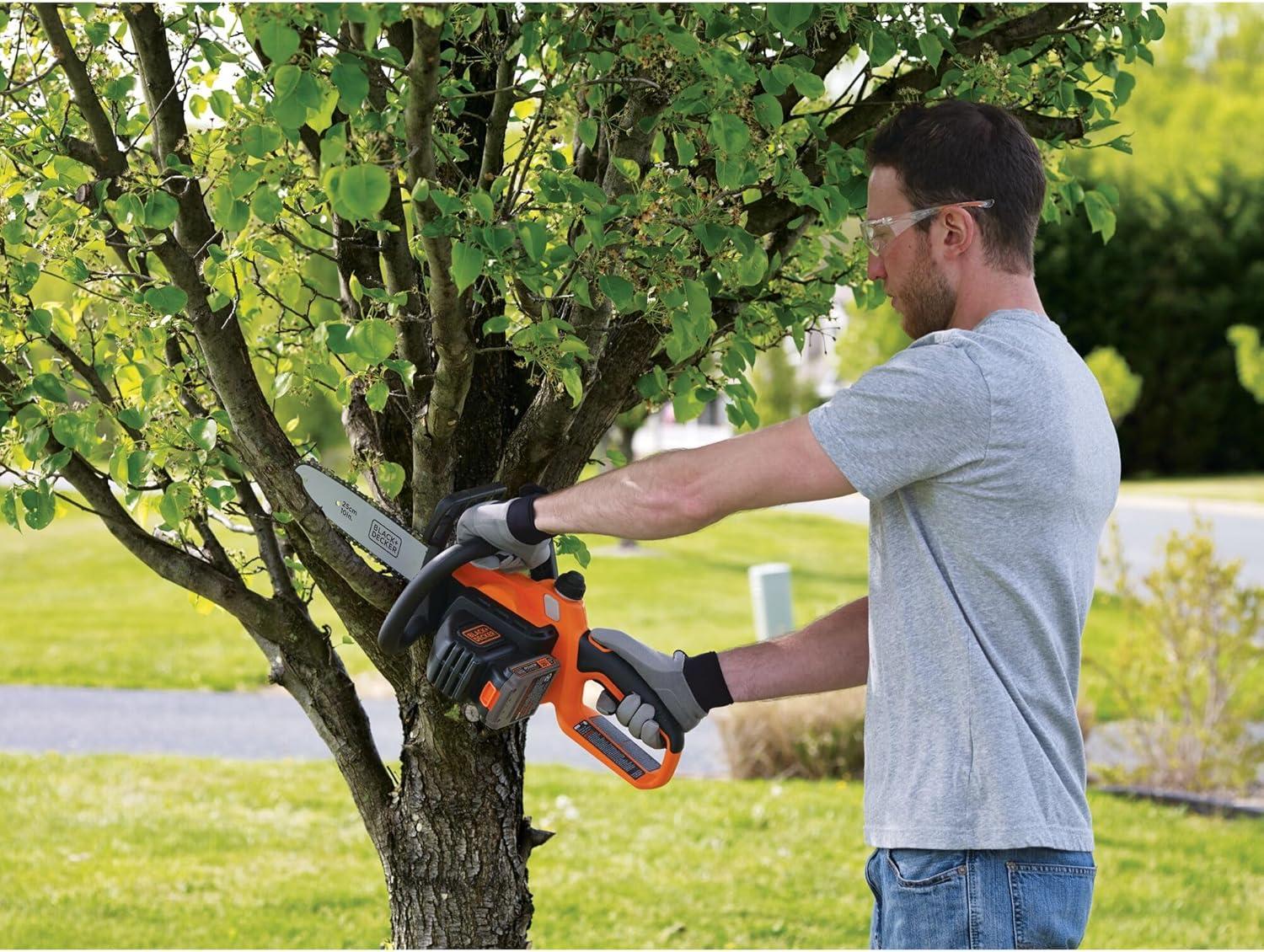 imageBLACKDECKER 20V MAX Chain Saw Cordless Chainsaw 10Inch Battery Chainsaw Tool Only for Wood Cutting and Tree Pruning Includes Guide Bar Scabbard LCS1020B20V Chainsaw Kit