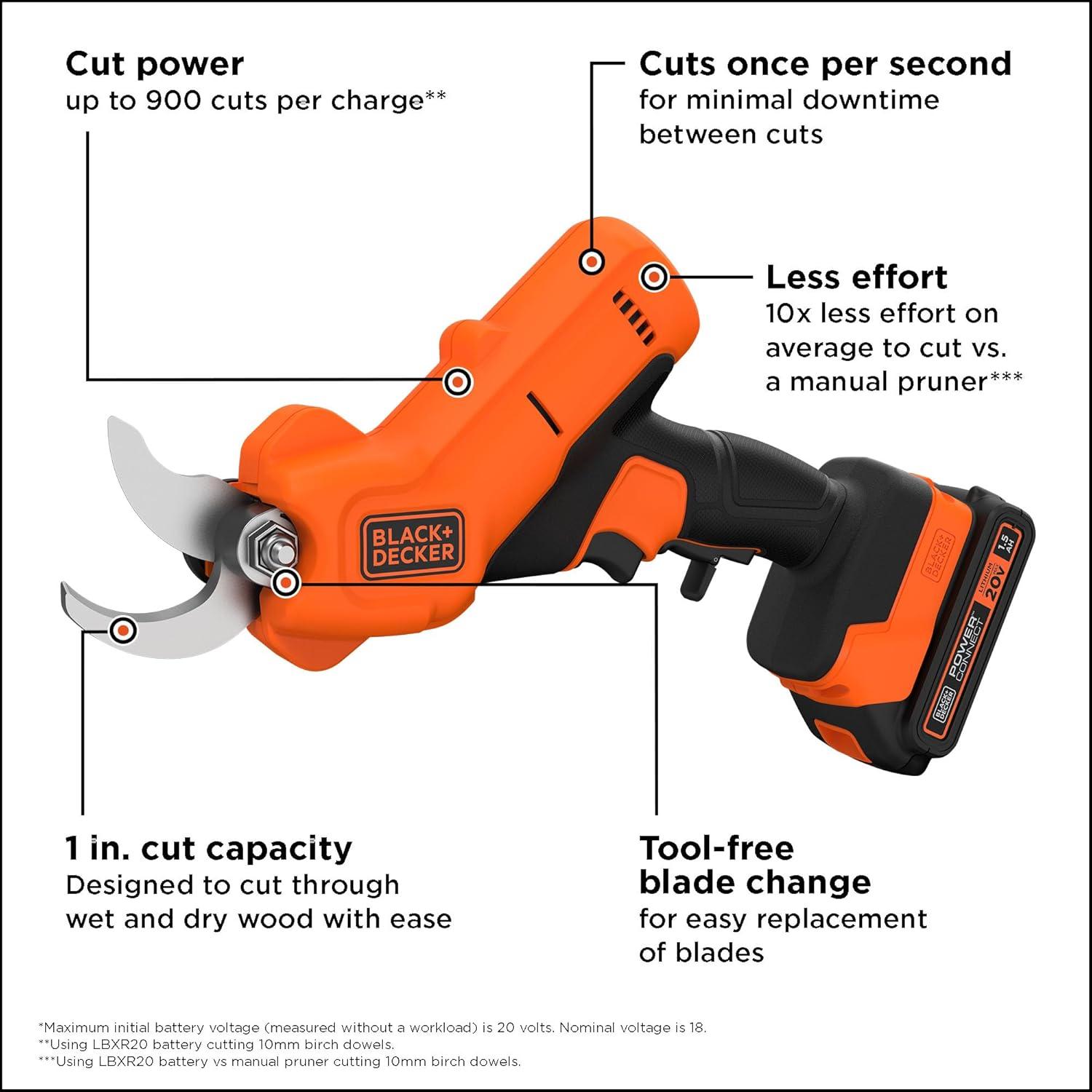 imageBLACKDECKER 20V MAX Cordless Pruner Electric Pruning Shears Battery and Charger Included 900 Cuts Per Charge Electric Pruner Tool Free Blade Change BCPR320C1