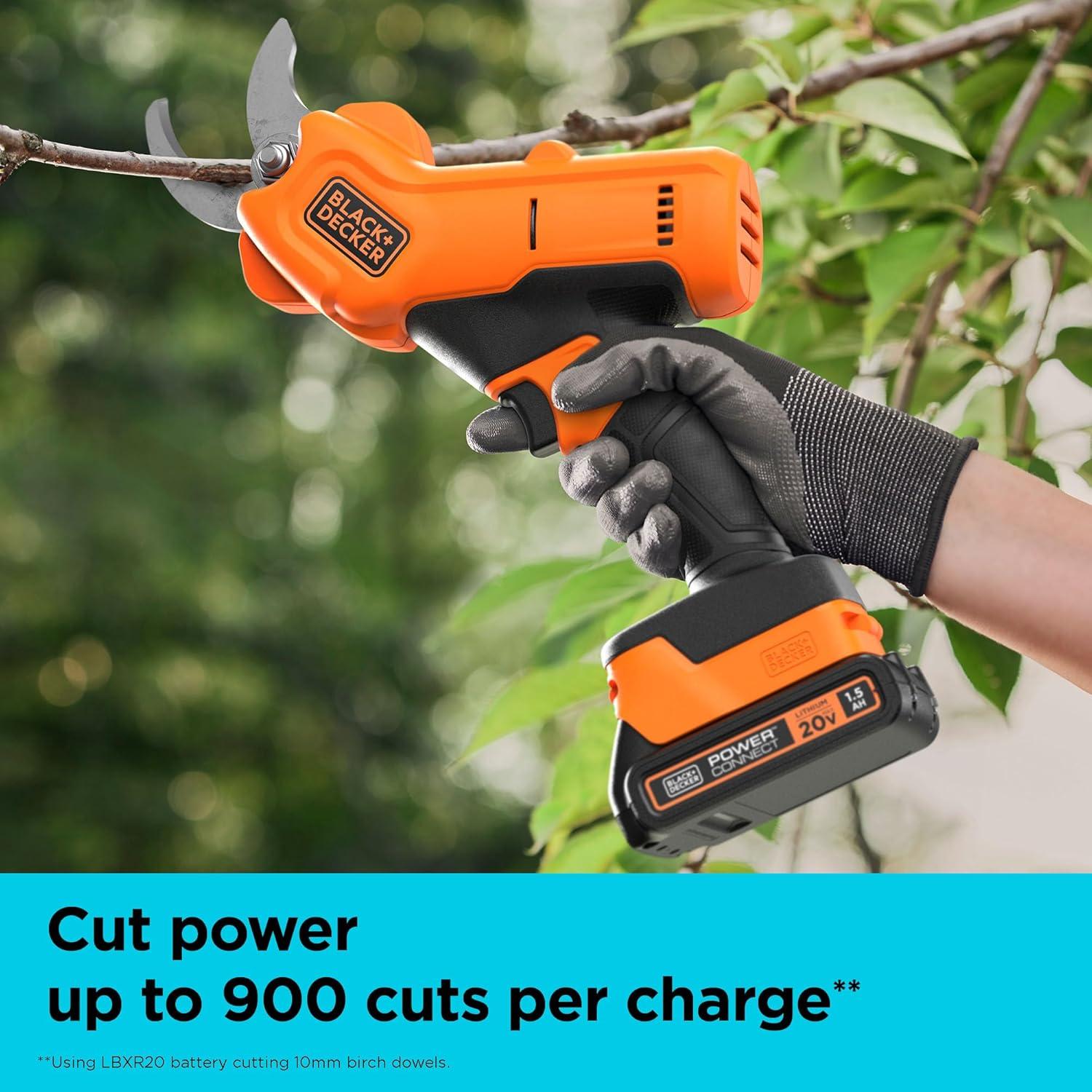 imageBLACKDECKER 20V MAX Cordless Pruner Electric Pruning Shears Battery and Charger Included 900 Cuts Per Charge Electric Pruner Tool Free Blade Change BCPR320C1