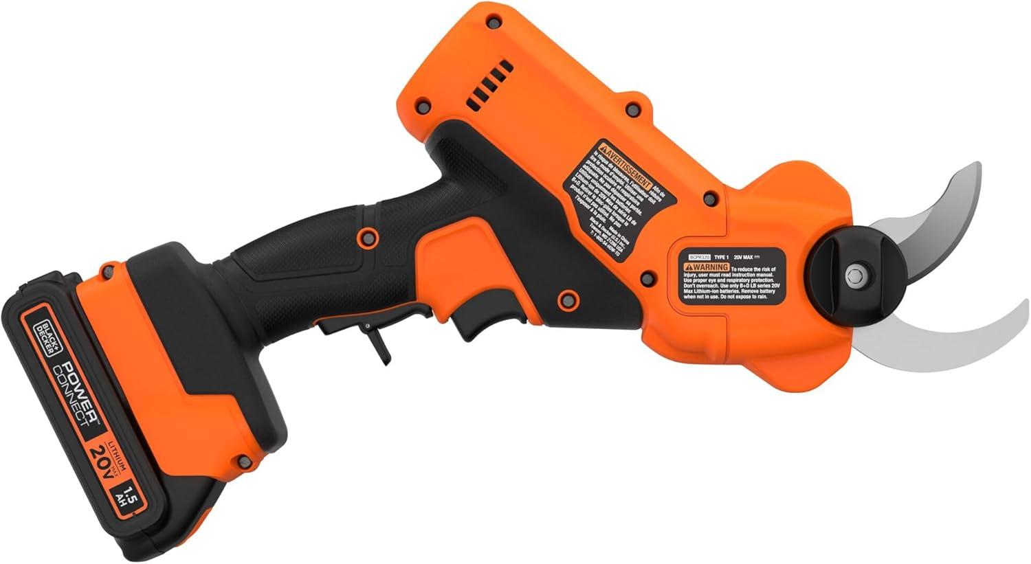 imageBLACKDECKER 20V MAX Cordless Pruner Electric Pruning Shears Battery and Charger Included 900 Cuts Per Charge Electric Pruner Tool Free Blade Change BCPR320C1