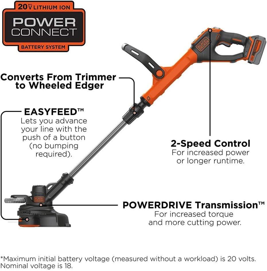 imageBLACKDECKER 20V MAX Cordless String Trimmer and Edger 12 Inch Weed Eater 2Speed Control Weed Wacker 2 Batteries Charger and Spool Included LSTE52520V Trimmer Kit 1 Long Runtime Battery