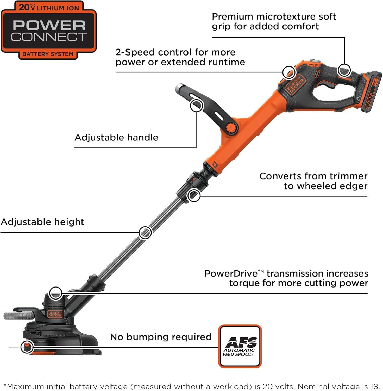 imageBLACKDECKER 20V MAX Cordless String Trimmer and Edger 12 Inch Weed Eater 2Speed Control Weed Wacker 2 Batteries Charger and Spool Included LSTE52520V Trimmer Kit 2 Batteries