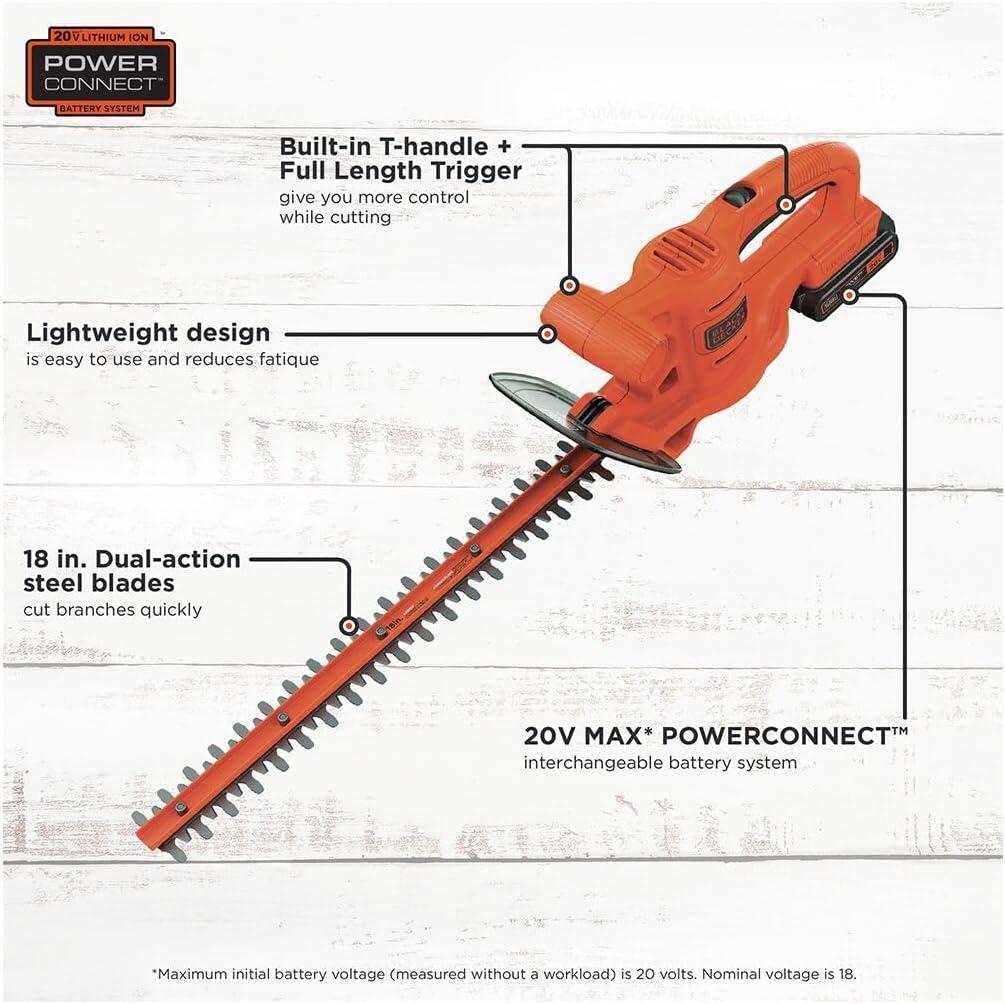 imageBLACKDECKER 20V MAX Hedge Trimmer Cordless 18 inch Blade 1 Battery and Charger Included Light Weight Reduced Vibration Bush Trimmer Hedger LHT218C1