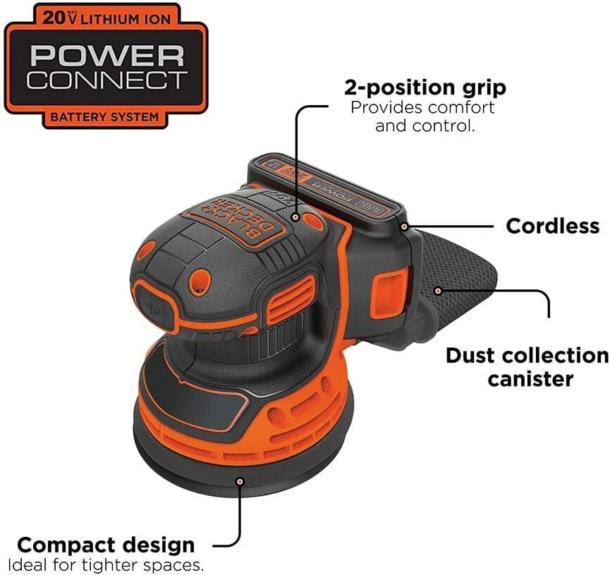imageBLACKDECKER 20V MAX Orbital Sander Cordless 12000 OPM 2 Sandpaper Sheets Battery and Charger Included BDCRO20COrbit Sander kit