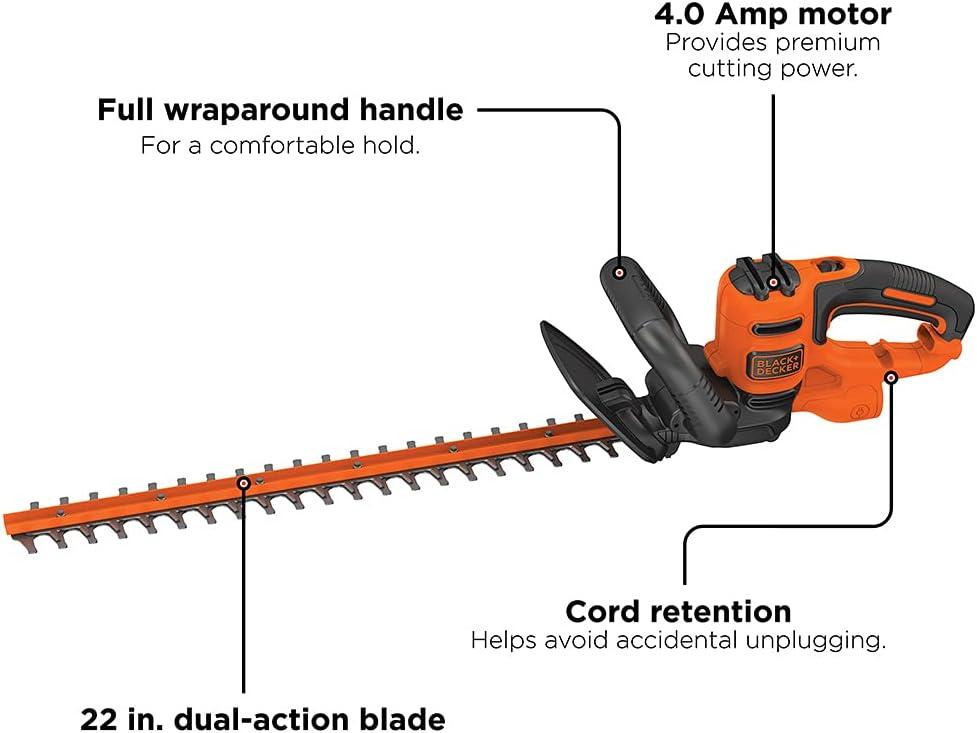 imageBLACKDECKER 22 Electric Hedge Trimmer Lightweight 40 Amp Corded Dual Action Shrub Trimmer Full Wraparound Handle High Output Low Vibration BEHT350FF