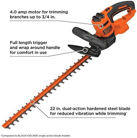 imageBLACKDECKER 22 Electric Hedge Trimmer Lightweight 40 Amp Corded Dual Action Shrub Trimmer Full Wraparound Handle High Output Low Vibration BEHT350FF