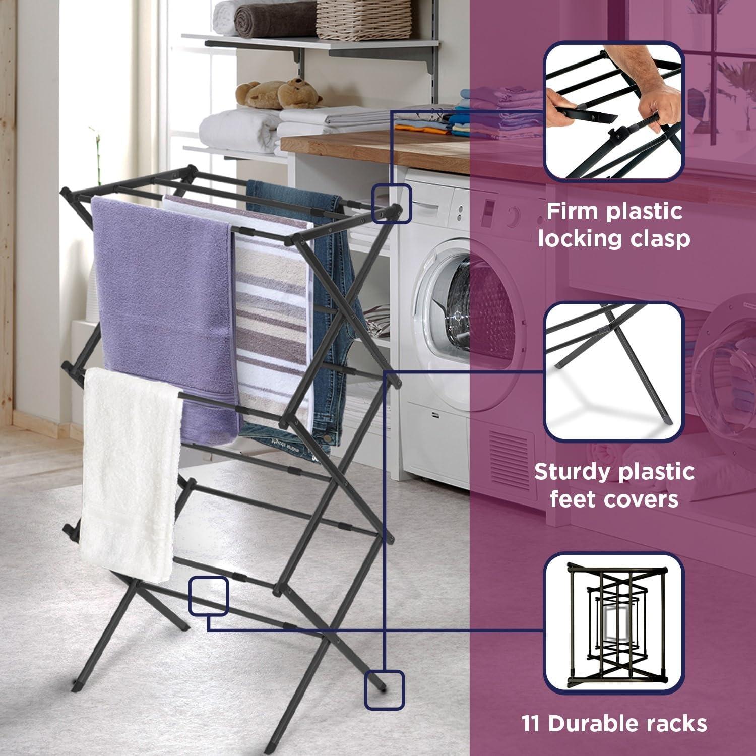 imageBLACKDECKER 3 Tier Expandable Collapsing Foldable Laundry Rack for Air Drying Clothing Space Saving Heavy Duty Lightweight Metal Drying RackWhiteBlack