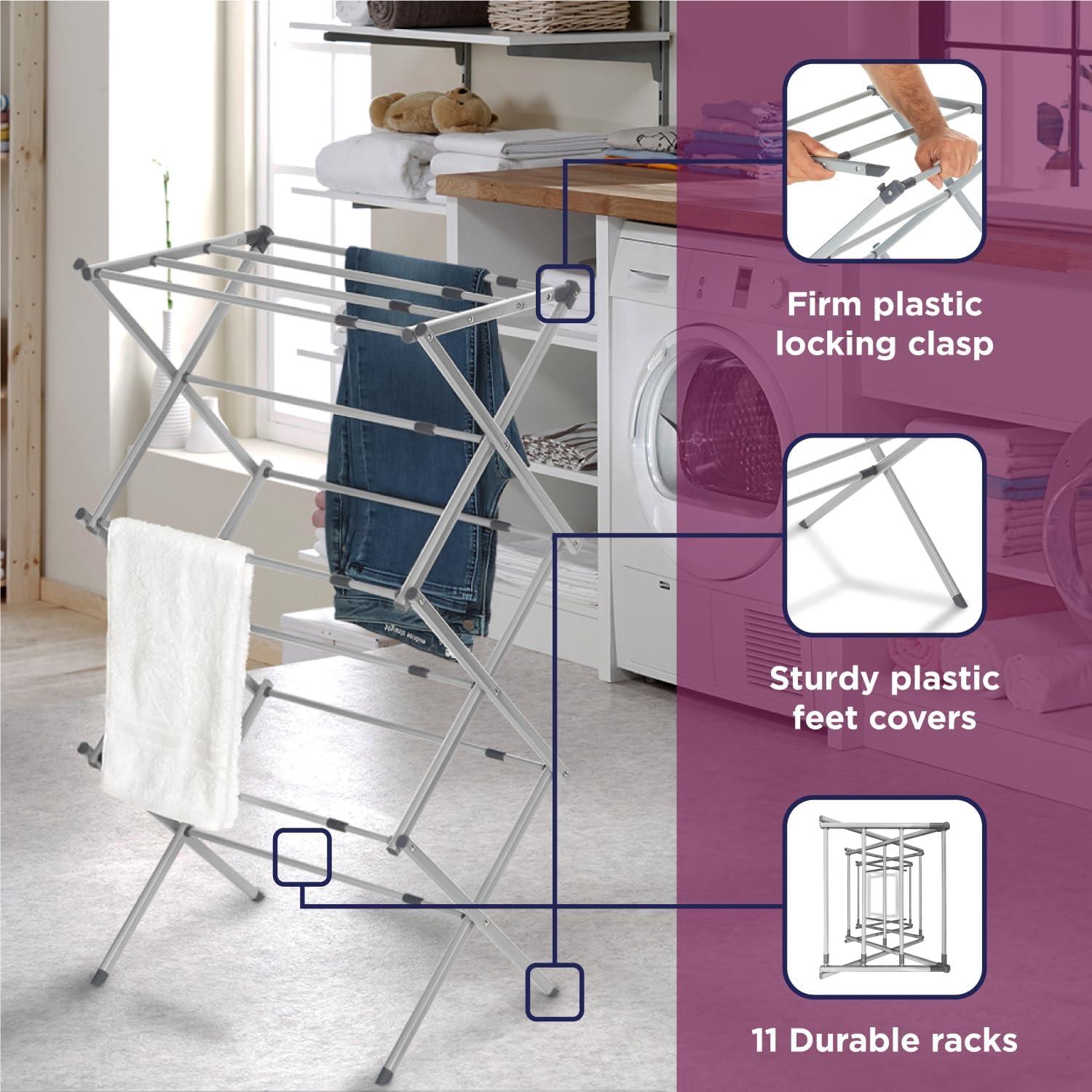 imageBLACKDECKER 3 Tier Expandable Collapsing Foldable Laundry Rack for Air Drying Clothing Space Saving Heavy Duty Lightweight Metal Drying RackWhiteGray