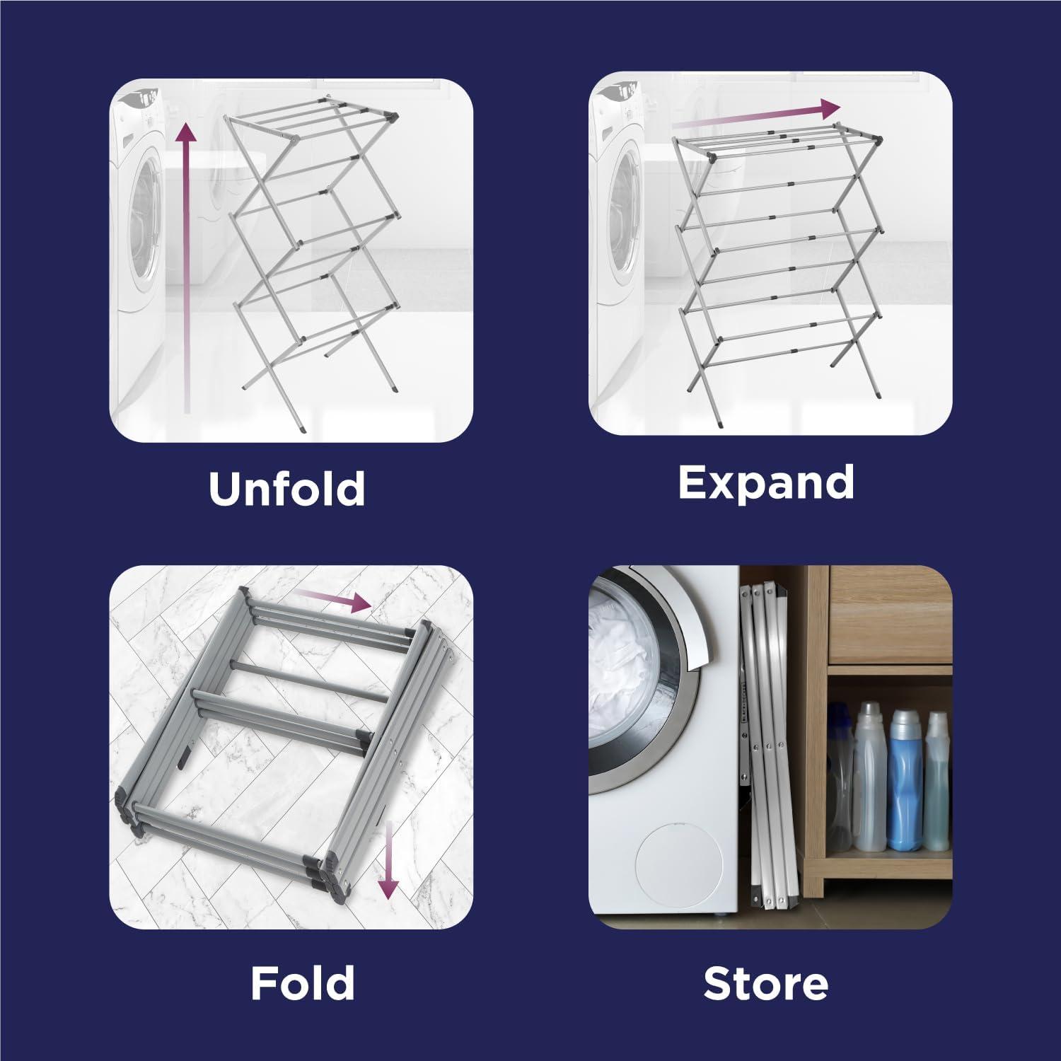 imageBLACKDECKER 3 Tier Expandable Collapsing Foldable Laundry Rack for Air Drying Clothing Space Saving Heavy Duty Lightweight Metal Drying RackWhiteGray