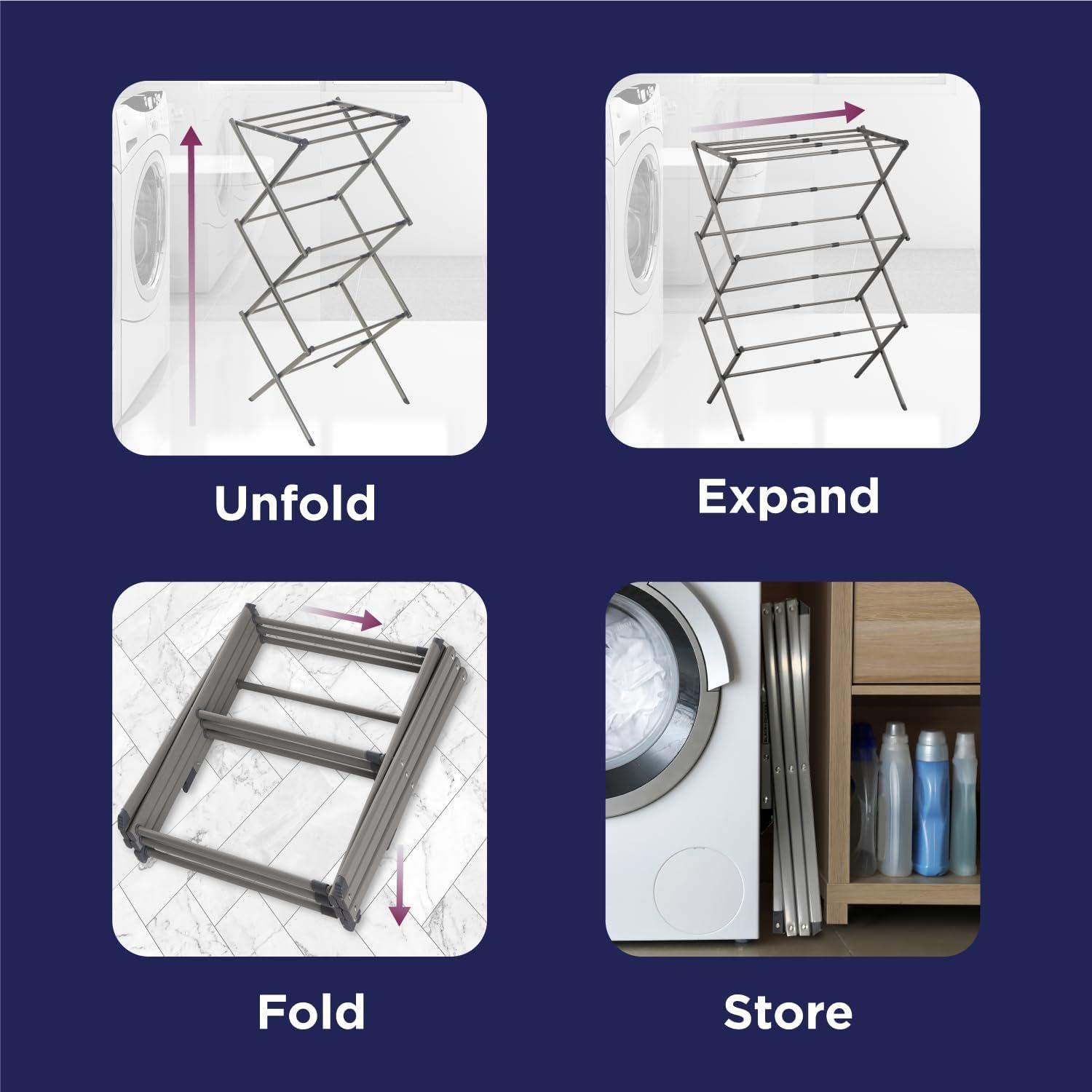 imageBLACKDECKER 3 Tier Expandable Collapsing Foldable Laundry Rack for Air Drying Clothing Space Saving Heavy Duty Lightweight Metal Drying RackWhiteSilver