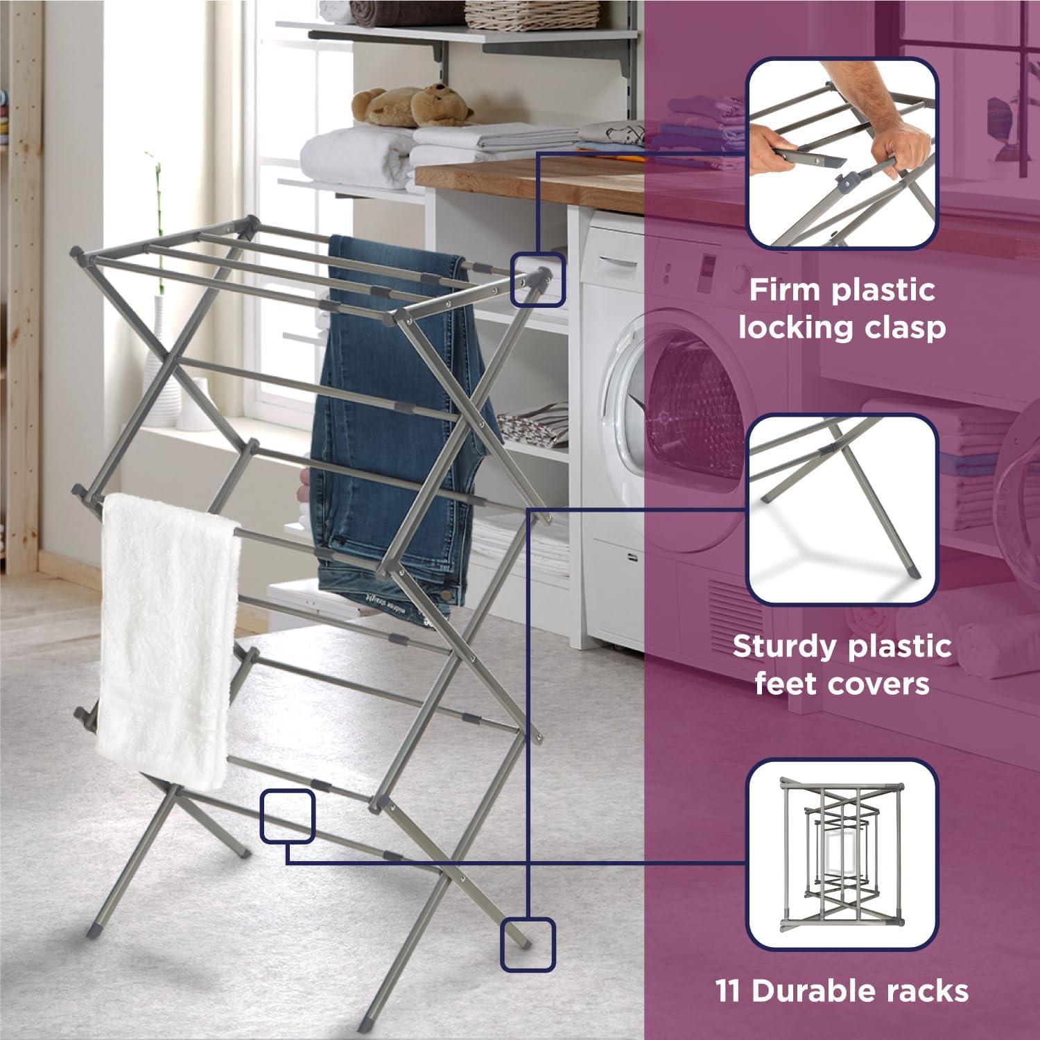 imageBLACKDECKER 3 Tier Expandable Collapsing Foldable Laundry Rack for Air Drying Clothing Space Saving Heavy Duty Lightweight Metal Drying RackWhiteSilver
