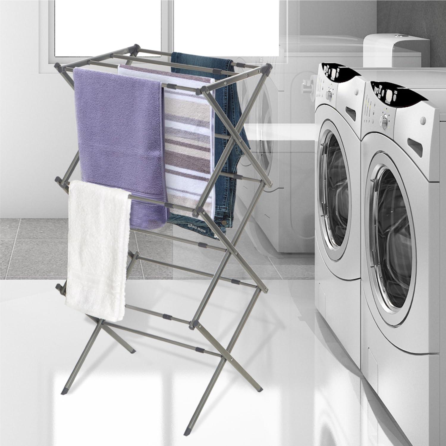 imageBLACKDECKER 3 Tier Expandable Collapsing Foldable Laundry Rack for Air Drying Clothing Space Saving Heavy Duty Lightweight Metal Drying RackWhiteSilver