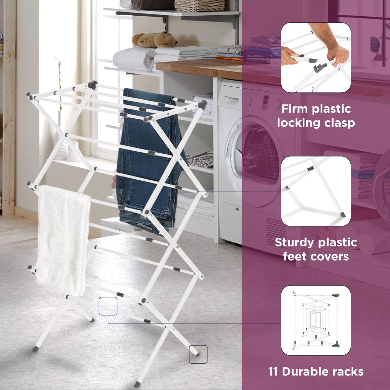 imageBLACKDECKER 3 Tier Expandable Collapsing Foldable Laundry Rack for Air Drying Clothing Space Saving Heavy Duty Lightweight Metal Drying RackWhiteWhite