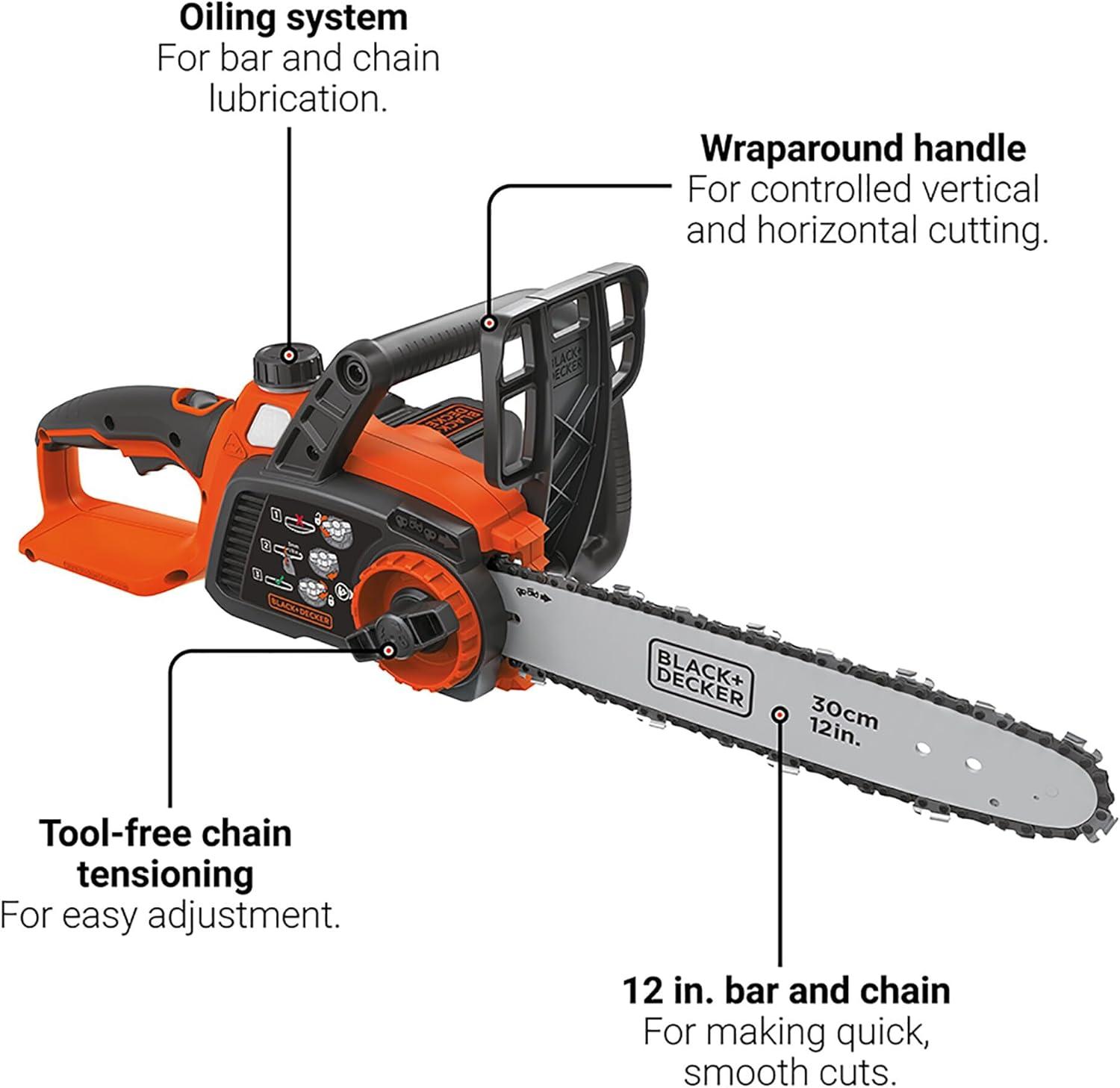 imageBLACKDECKER 40V MAX Electric Chainsaw Cordless 12 Inch Battery Chainsaw Battery and Charger Included Longer Runtime Lightweight Rechargeable LCS124040V Chainsaw Tool Only
