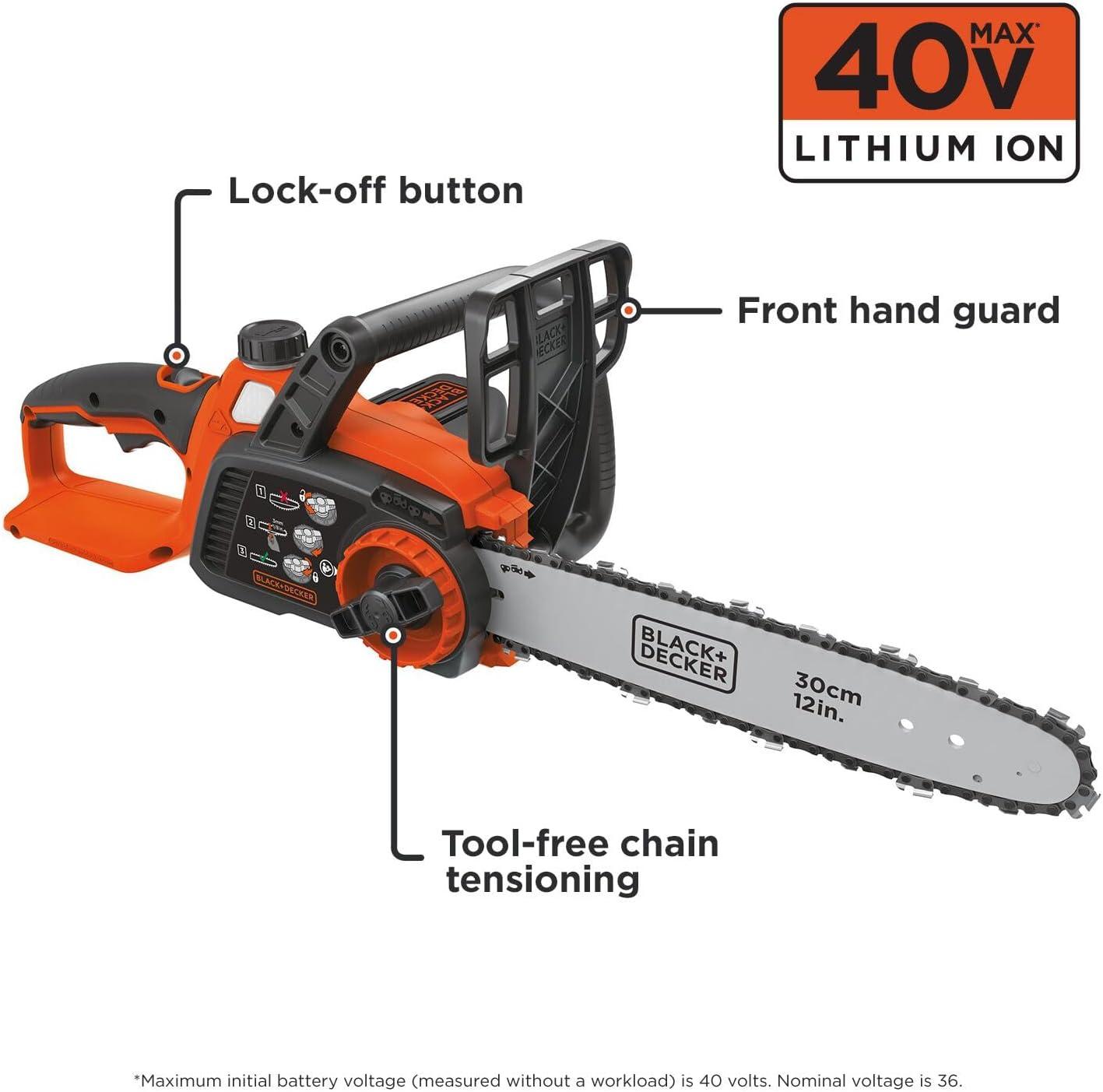 imageBLACKDECKER 40V MAX Electric Chainsaw Cordless 12 Inch Battery Chainsaw Battery and Charger Included Longer Runtime Lightweight Rechargeable LCS124040V Chainsaw Kit