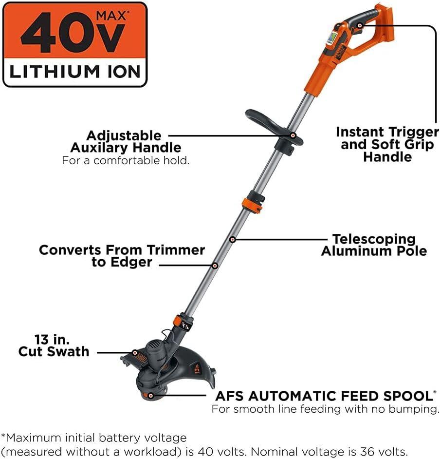 imageBLACKDECKER 40V MAX String Trimmer and Lawn Edger 13 Inch Weed Eater Far Reach Battery and Charger Not Included LST136BBare Tool Only