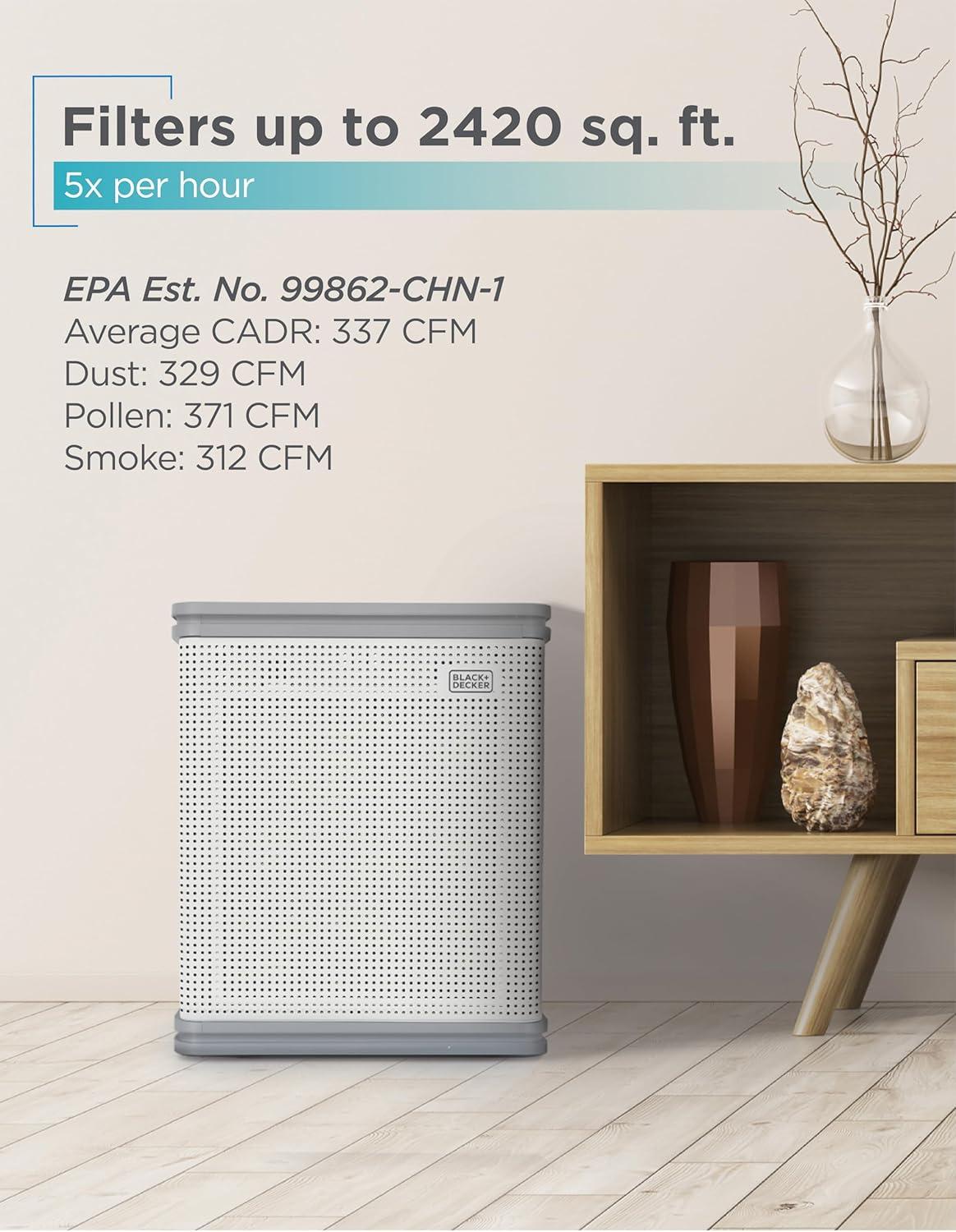 imageBLACKDECKER Air Purifier with UV Technology HEPA Air Purifier for Home Up To 2420 Sq Ft per 5 Air Changes 8Stage Filtration System with Anion Function BAPUV250 WhiteUp to 2420 Square Feet