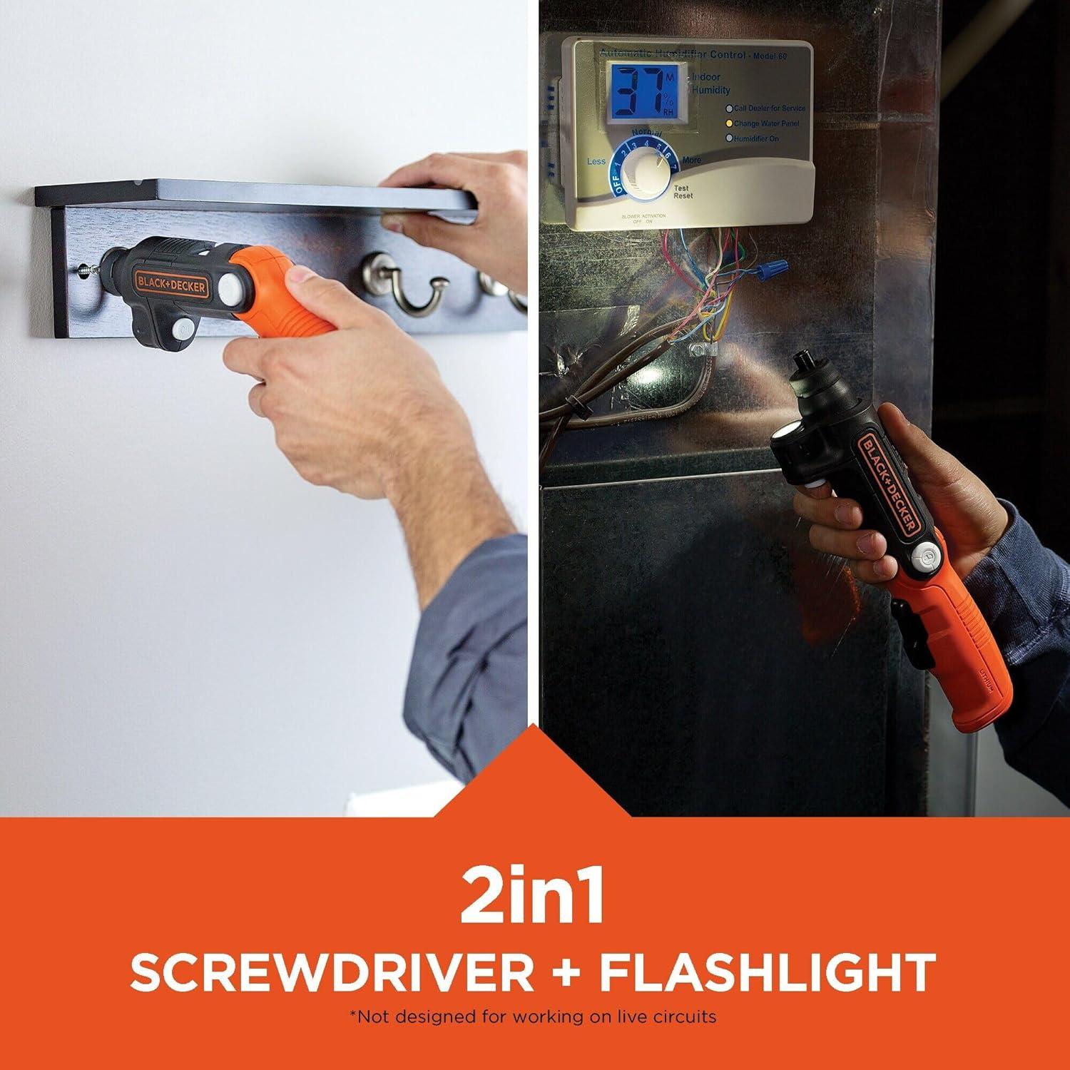 imageBLACKDECKER Cordless Screwdriver with LED Light 4V MAX Electric Screwdriver with 2 Pcs Bit Set BDCSFL20COne Size