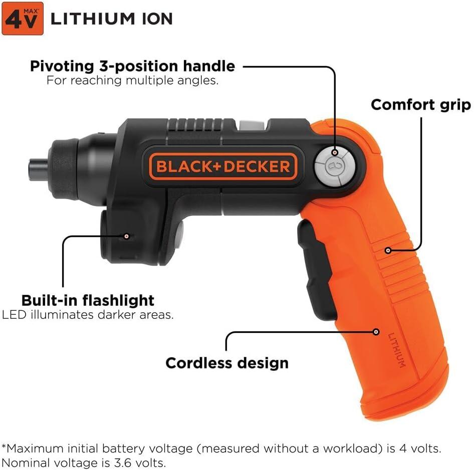 imageBLACKDECKER Cordless Screwdriver with LED Light 4V MAX Electric Screwdriver with 2 Pcs Bit Set BDCSFL20COne Size