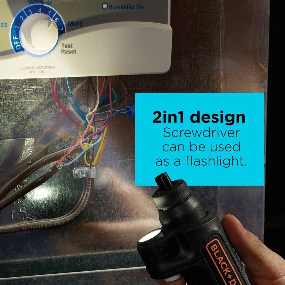 imageBLACKDECKER Cordless Screwdriver with LED Light 4V MAX Electric Screwdriver with 2 Pcs Bit Set BDCSFL20COne Size