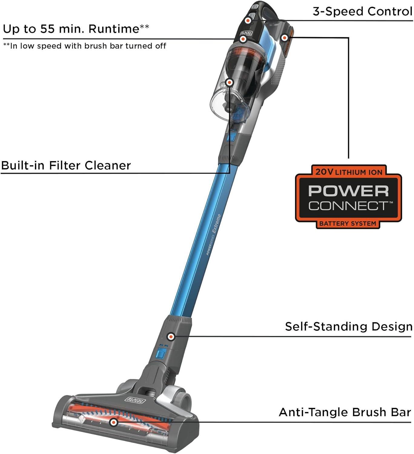 imageBLACKDECKER Cordless Vacuum Powerseries Extreme Stick Vacuum Cordless Rechargeable Interchangeable Floorhead with Crevice Attachment 3 Speed Control Lightweight Blue BSV2020G20V Stick Vacuum