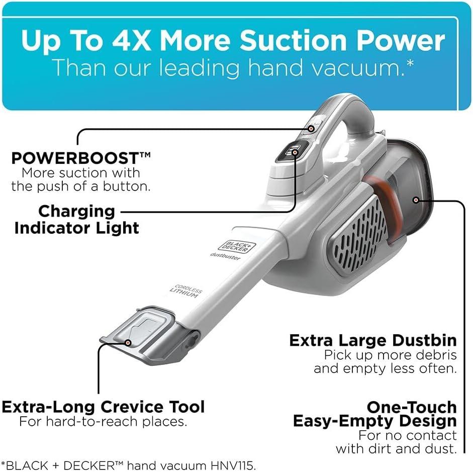 imageBLACKDECKER Dust Buster Hand Held Vacuum Cordless Rechargeable Portable Vacuum for Car Extended Runtime Powerful Suction Extra Long Crevice Tool AdvancedClean HHVK320J1012V White