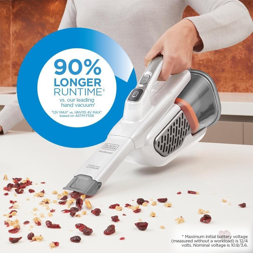 imageBLACKDECKER Dust Buster Hand Held Vacuum Cordless Rechargeable Portable Vacuum for Car Extended Runtime Powerful Suction Extra Long Crevice Tool AdvancedClean HHVK320J1012V White