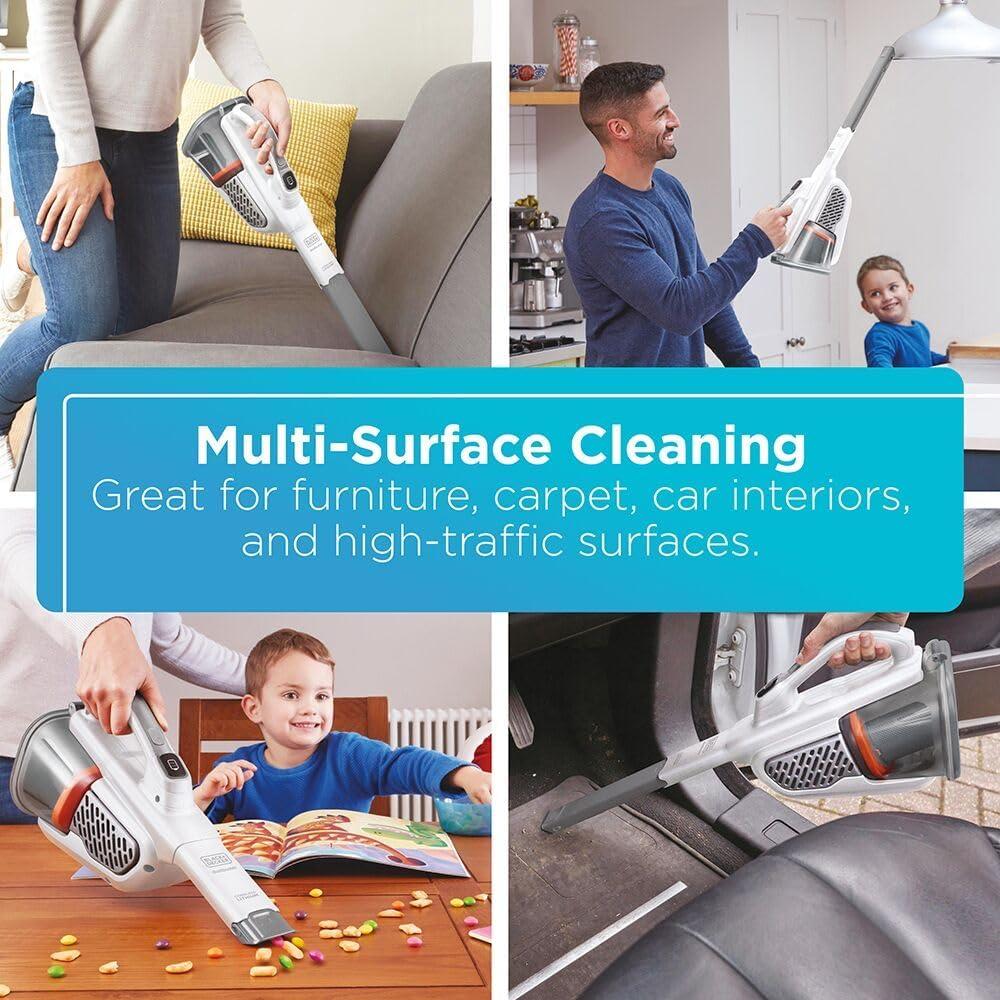 imageBLACKDECKER Dust Buster Hand Held Vacuum Cordless Rechargeable Portable Vacuum for Car Extended Runtime Powerful Suction Extra Long Crevice Tool AdvancedClean HHVK320J1012V White