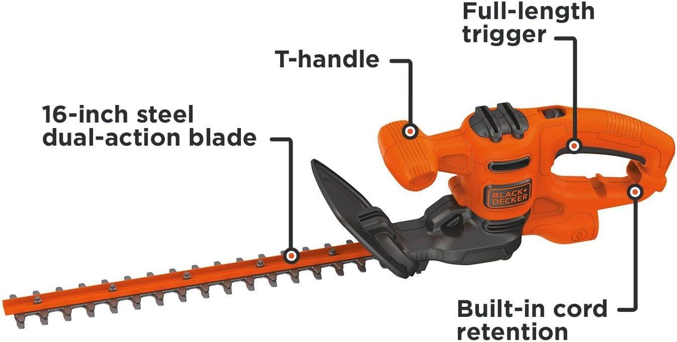 imageBLACKDECKER Electric Hedge Trimmer 16Inch 30 Amp Compact Corded Power Hedge Trimmer BEHT100