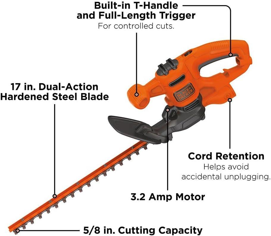 imageBLACKDECKER Electric Hedge Trimmer 17Inch Corded 32 Amp Dual Action Reduced Vibration Cleaner Cut Lightweight 3800 Cuts per Min BEHT150Hedge Trimmer