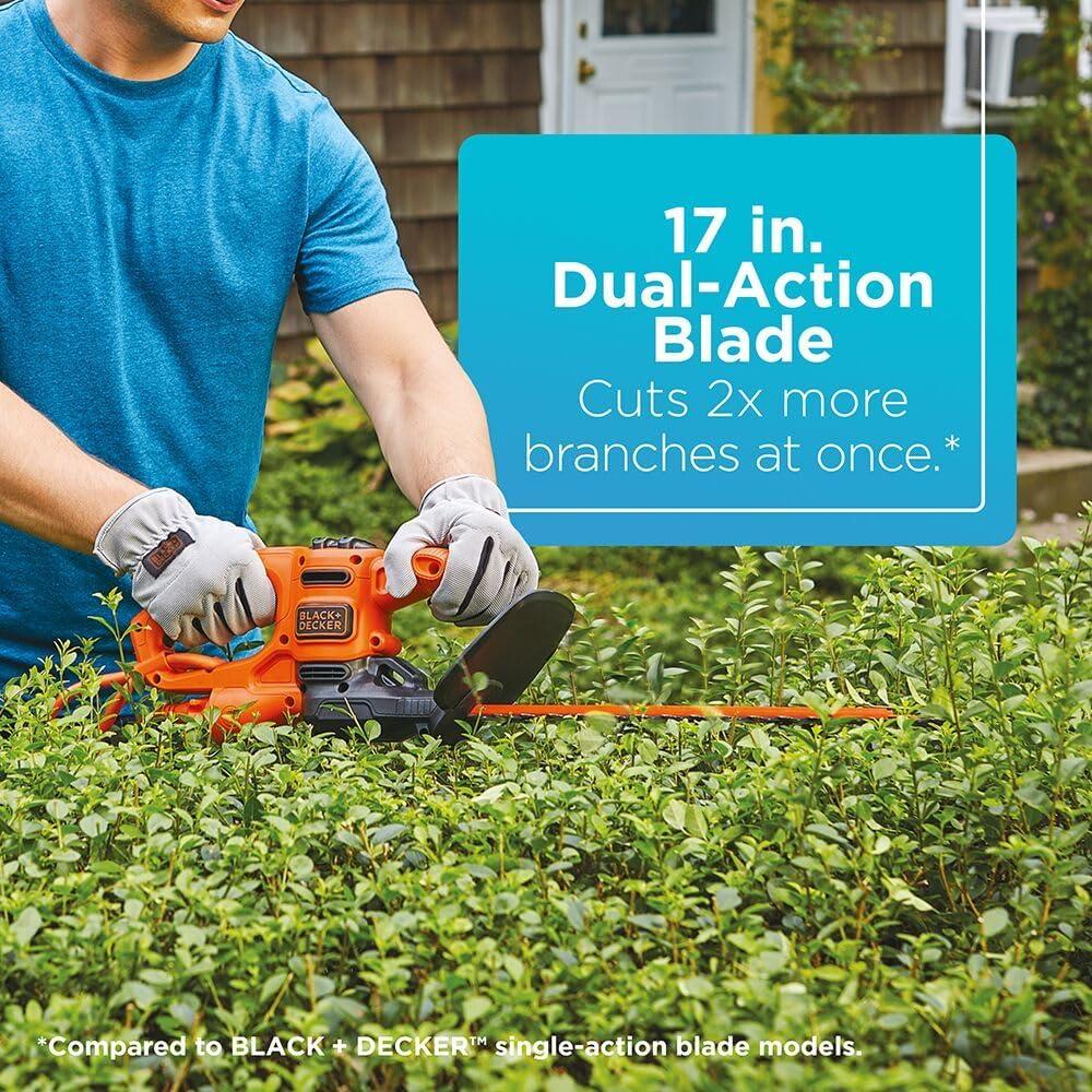 imageBLACKDECKER Electric Hedge Trimmer 17Inch Corded 32 Amp Dual Action Reduced Vibration Cleaner Cut Lightweight 3800 Cuts per Min BEHT150Hedge Trimmer
