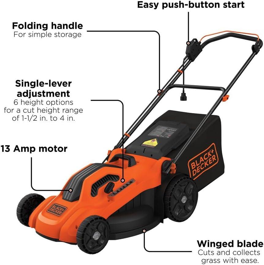 imageBLACKDECKER Electric Push Lawn Mower Corded 13 Amp 20Inch Cutting Deck 6 Setting Height Adjustment Compact Storage Collection Bag BEMW213