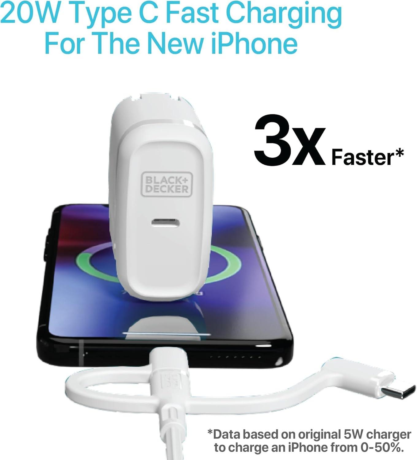 imageBLACKDECKER GaN PD Wall Charger 1Port 20W Type C Wall Plug Compact Power Block USB C TypeC Fast Charging for iPhone 171615 USBC Charging Block Perfect for Home Office TravelWhite