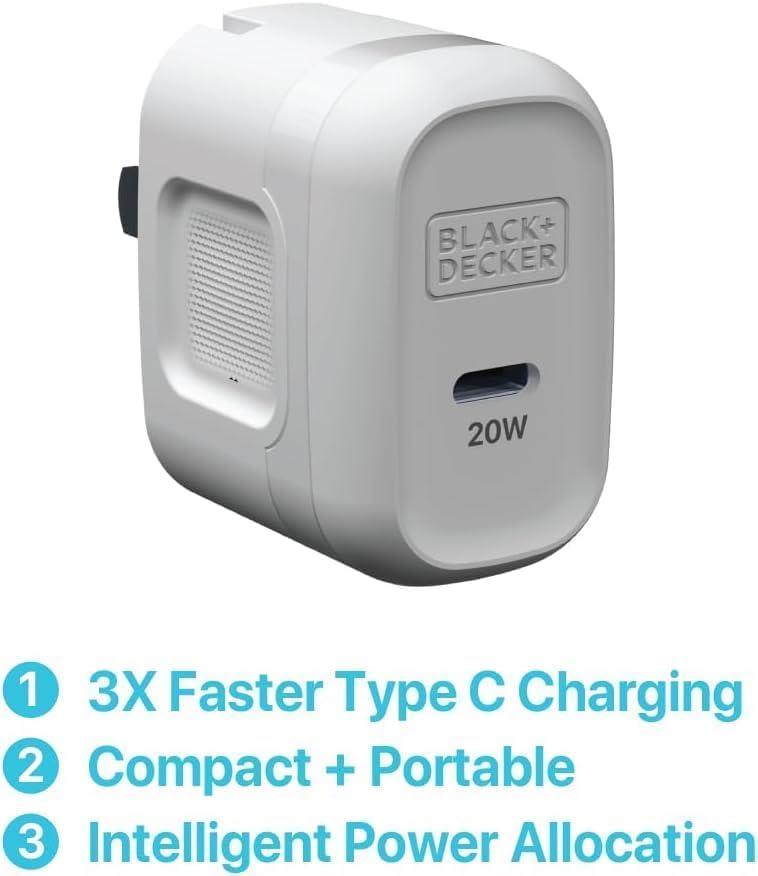 imageBLACKDECKER GaN PD Wall Charger 1Port 20W Type C Wall Plug Compact Power Block USB C TypeC Fast Charging for iPhone 171615 USBC Charging Block Perfect for Home Office TravelWhite