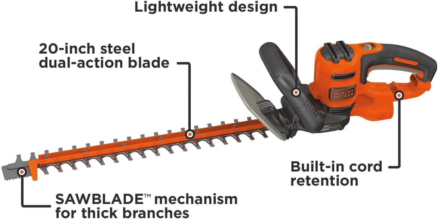 imageBLACKDECKER Hedge Trimmer with Saw 20Inch Lightweight and Compact Design Full Wraparound Handle Corded BEHTS300Hedge Trimmer