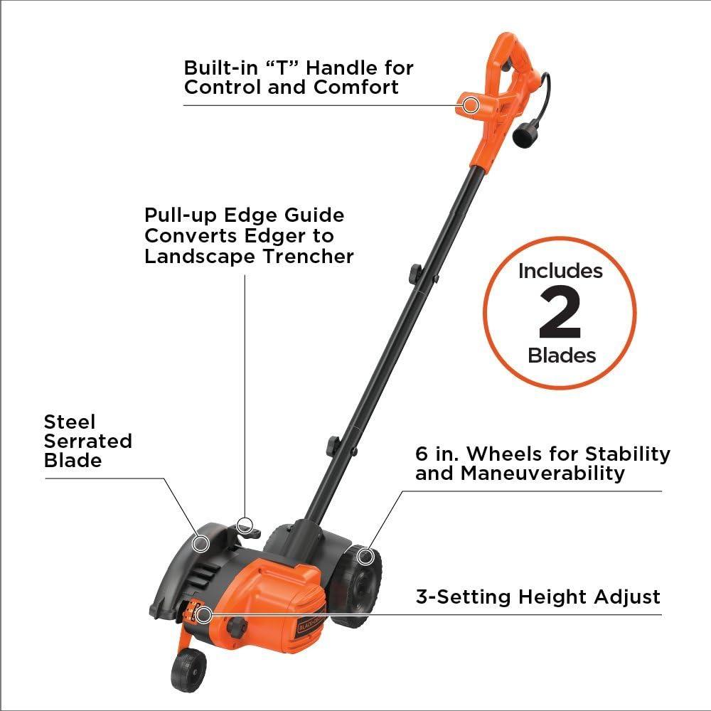 imageBLACKDECKER Lawn Edger Trencher 2 in 1 12 Amp 75 in Electric Edger Lawn Tool for Landscaping and Trench Digger 3 Height Settings Corded LE760FF