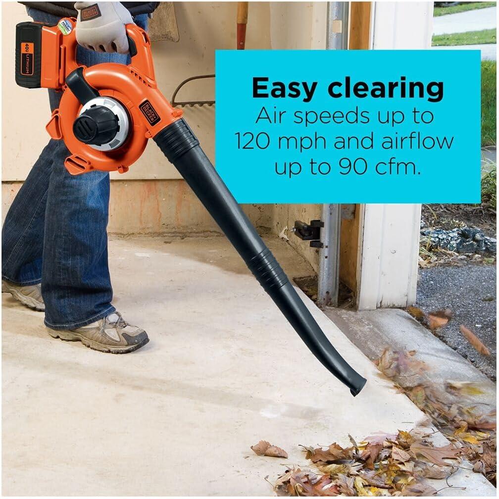 imageBLACKDECKER Leaf Blower Cordless with Battery and Charger POWERCOMMAND 40V MAX 90 CFM Variable Speed Up to 120 MPH Battery Leaf Blower Hard Surface and Yard Sweeper LSW3640V Sweeper Kit