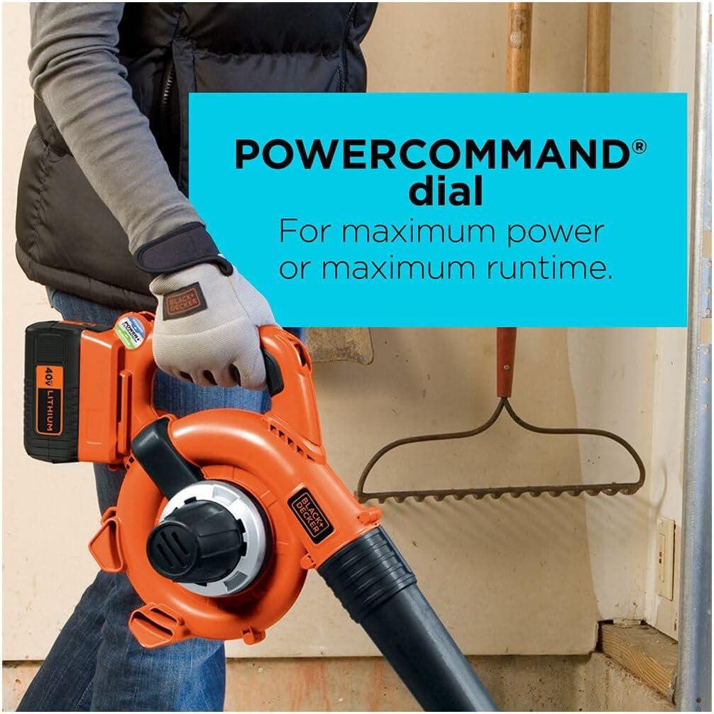 imageBLACKDECKER Leaf Blower Cordless with Battery and Charger POWERCOMMAND 40V MAX 90 CFM Variable Speed Up to 120 MPH Battery Leaf Blower Hard Surface and Yard Sweeper LSW3640V Sweeper Kit