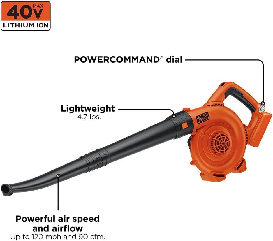 imageBLACKDECKER Leaf Blower Cordless with Battery and Charger POWERCOMMAND 40V MAX 90 CFM Variable Speed Up to 120 MPH Battery Leaf Blower Hard Surface and Yard Sweeper LSW3640V Sweeper Kit