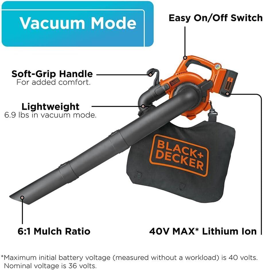 imageBLACKDECKER Leaf Blower Cordless with Battery and Charger POWERCOMMAND 40V MAX 90 CFM Variable Speed Up to 120 MPH Battery Leaf Blower Hard Surface and Yard Sweeper LSW3640V SweeperVacuum Kit