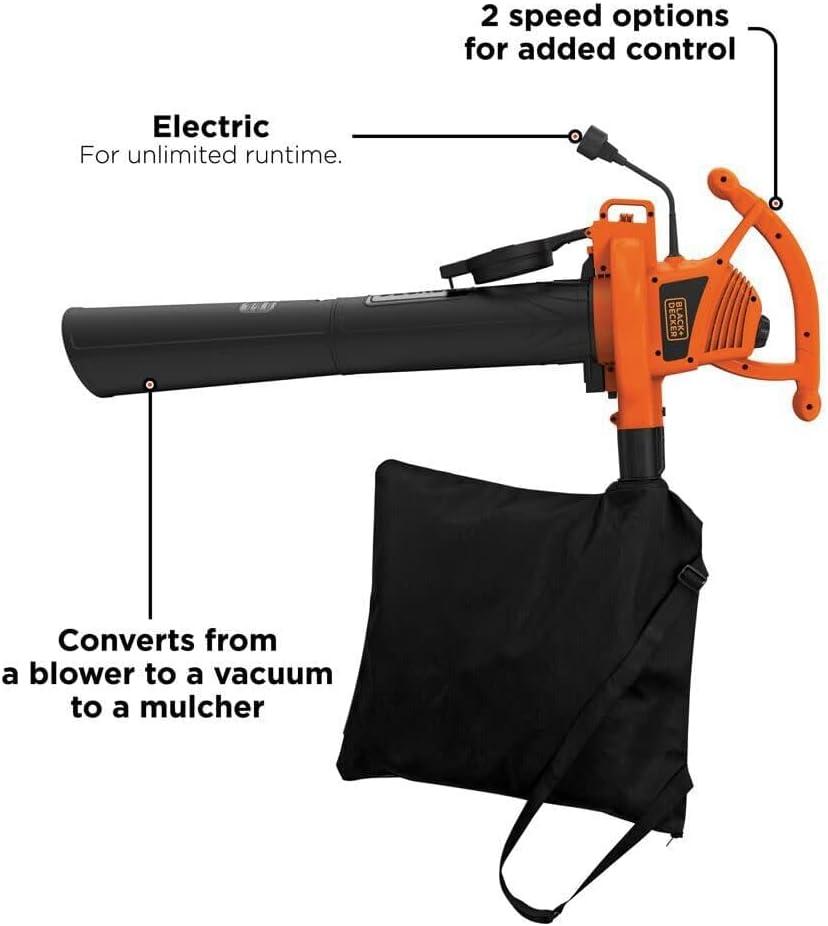 imageBLACKDECKER Leaf Blower Leaf Vacuum and Leaf Mulcher 3in1 Electric Blowers for Lawn Care 12 Amp 250 MPH 400 CFM BV6000210 MPH Blower Disposable System