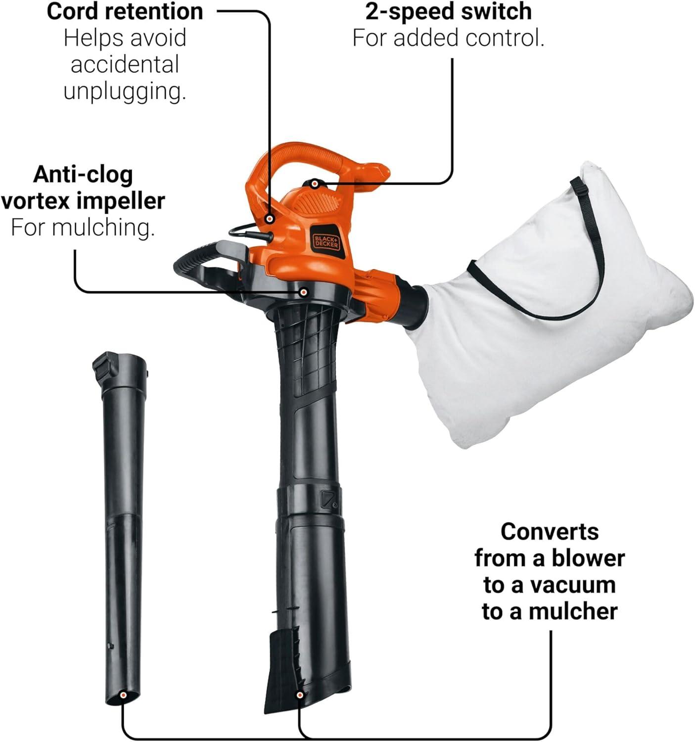 imageBLACKDECKER Leaf Blower Leaf Vacuum and Leaf Mulcher 3in1 Electric Blowers for Lawn Care 12 Amp 250 MPH 400 CFM BV6000230 MPH Blower Disposable System