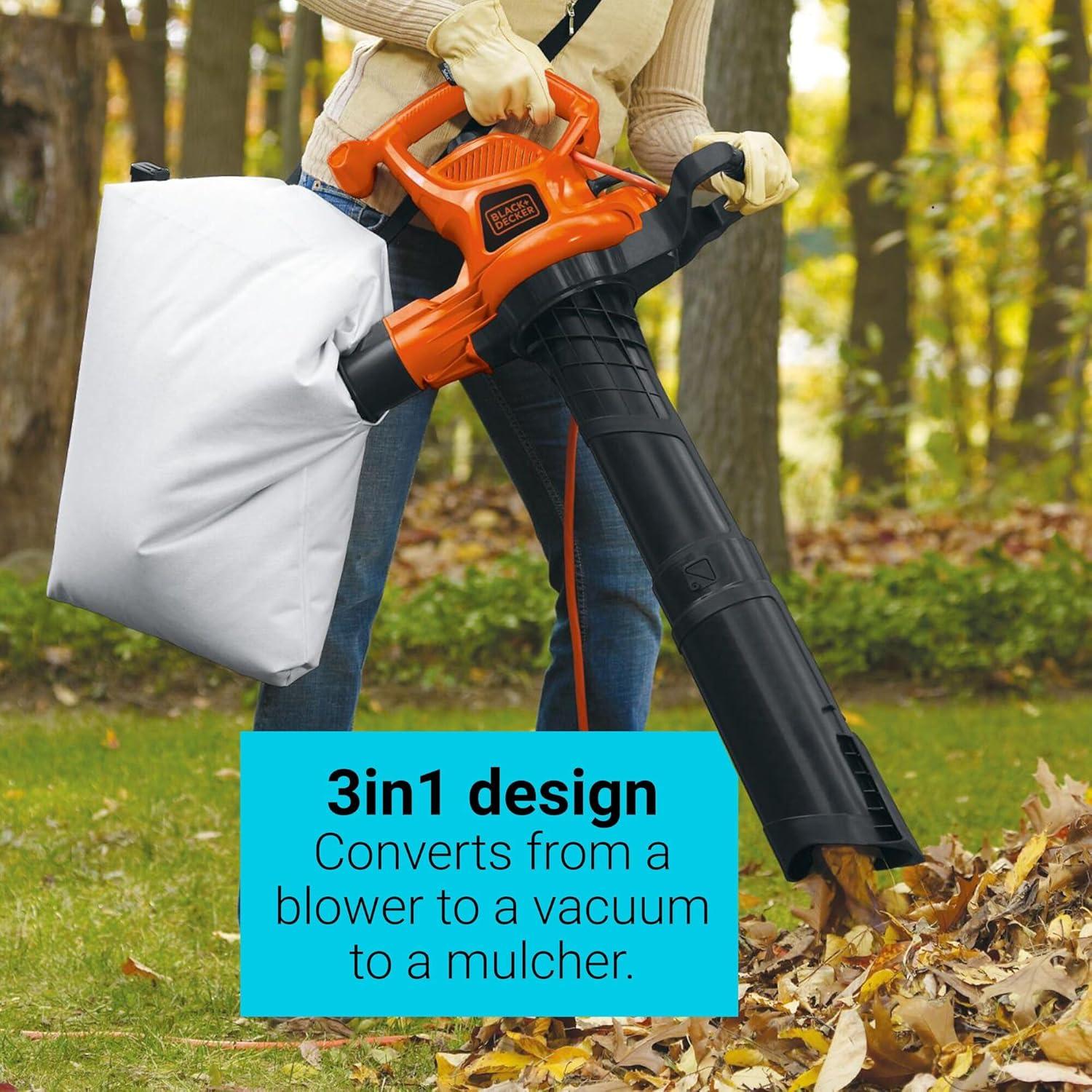 imageBLACKDECKER Leaf Blower Leaf Vacuum and Leaf Mulcher 3in1 Electric Blowers for Lawn Care 12 Amp 250 MPH 400 CFM BV6000230 MPH Blower Disposable System